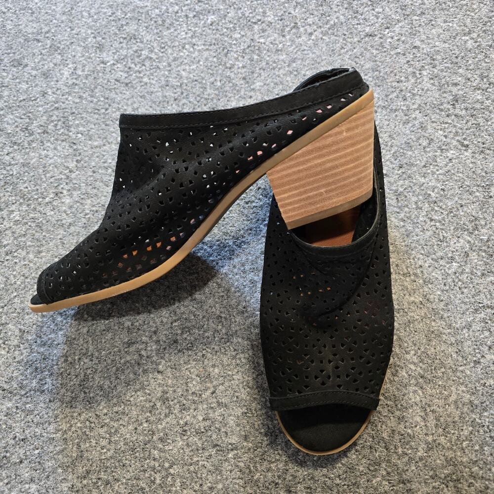 Lucky Brand Shoes Women Size 9.5 Black Mule Slides Peep Toe Stacked Heel Capsule